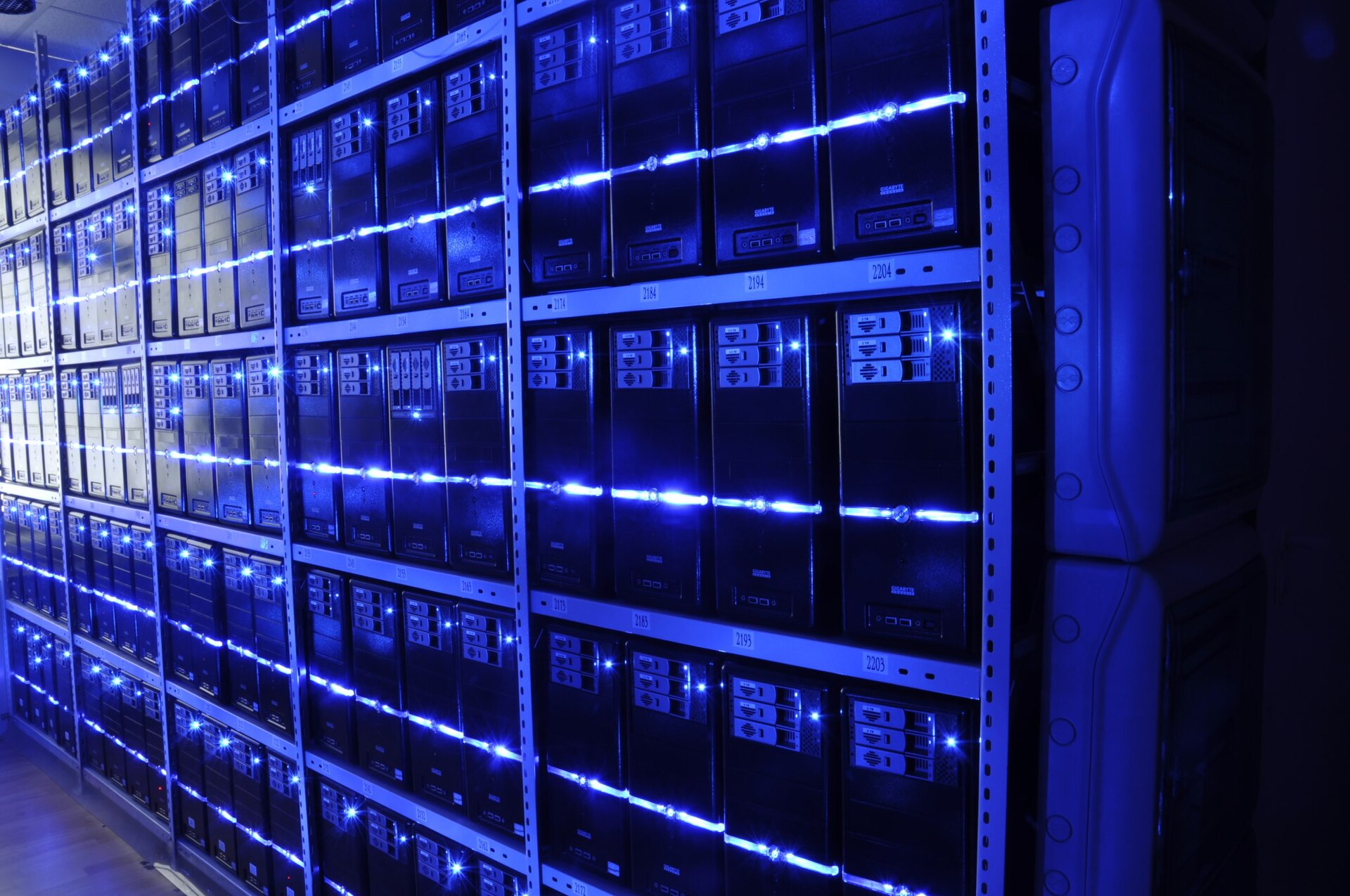 Server racks in a data center.
